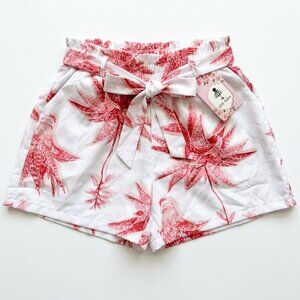 Pink & White Tropical Floral High Waisted Tie Belt Shorts Size L/XL